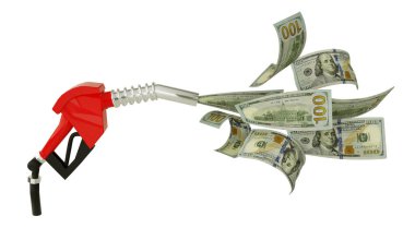 Yakıt pompasından çıkan 100 dolarlık banknotların 3D görüntüsü. Kırmızı yakıt hortumu ve etrafta uçuşan Amerikan Doları