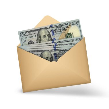 100 US Dollar notes inside an open brown envelope. 3D illustration of money in an open envelope