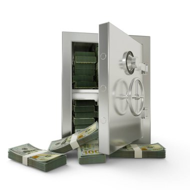 Bundles of US dollars in Steel safe box. 3D rendering of stacks of money inside metallic vault isolated on white background, Financial protection concept, financial safety.