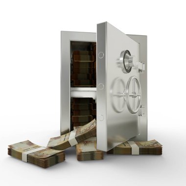Bundles of Kenyan shilling in Steel safe box. 3D rendering of stacks of money inside metallic vault isolated on white background, Financial protection concept, financial safety.