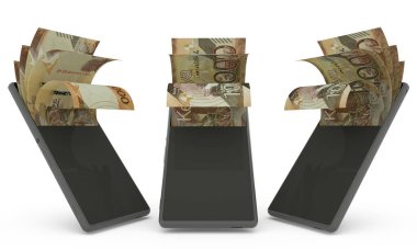 Kenyan shilling notes inside a mobile phone. money coming out of cell phone. 3d rendering of set of mobile money transaction concept. money from Phone