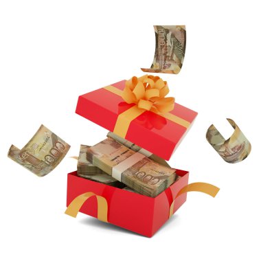 Kenyan shilling notes inside an open red gift box. Kenyan shilling inside and flying around a gift box. 3d rendering of money inside box isolated on white background
