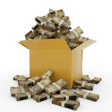 3d rendering of cardboard box full of Kenyan shilling notes isolated on a white background