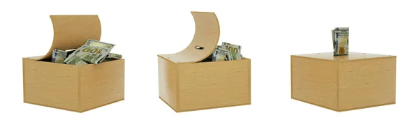 100 Dollar Notes Open Wooden Savings Box Set Savings Concept — Stock Photo, Image