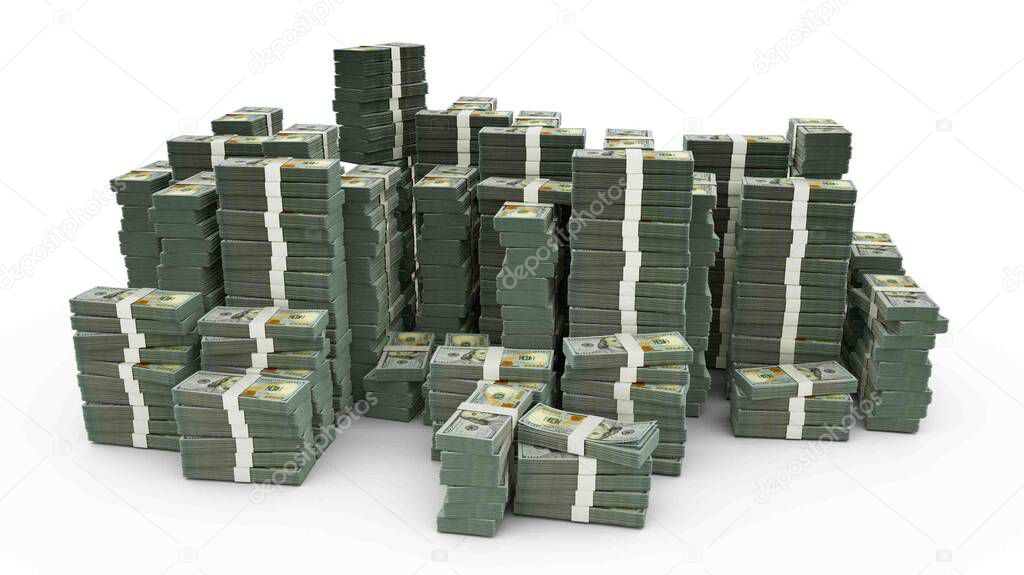 Big stack of 100 US Dollar notes. A lot of money isolated on white background. 3d rendering of bundles of cash