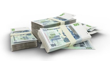 3 boyutlu 100 Zimbabwean dolarlık banknotlar beyaz arka planda izole edilmiş.