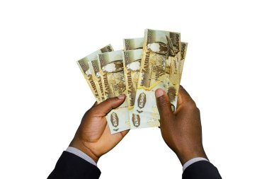 Black Hands in suit holding 3D rendered Zambian Kwacha notes