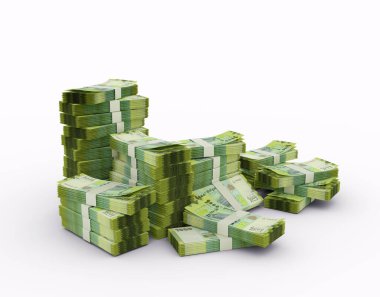 Stack of Yemeni rial notes. 3D rendering of bundles of banknotes