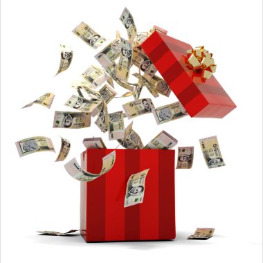 3D rendering of A lot of 100 Peso Uruguayo notes coming out of an opened red gift box