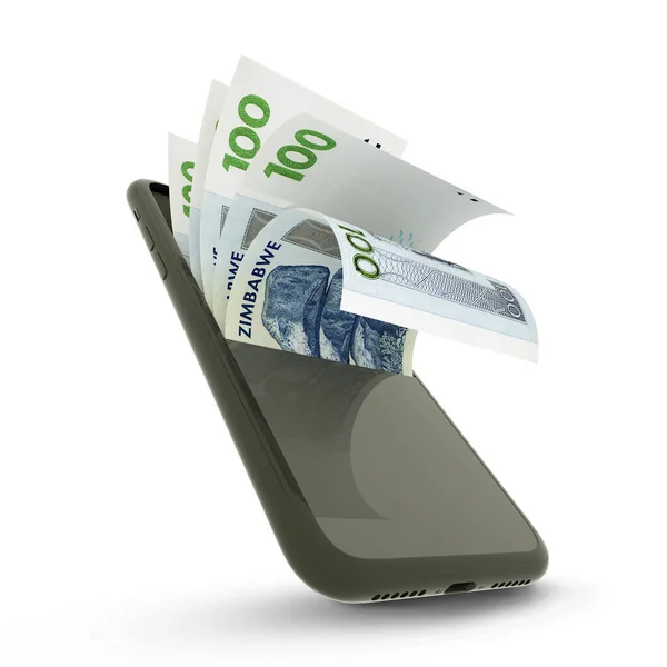 Renderização Notas Dólar Zimbábue Dentro Telefone Celular Isolado Fundo Branco — Fotografia de Stock