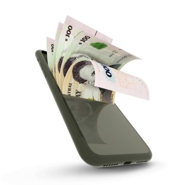 3D rendering of Peso Uruguayo notes inside a mobile phone isolated on white background