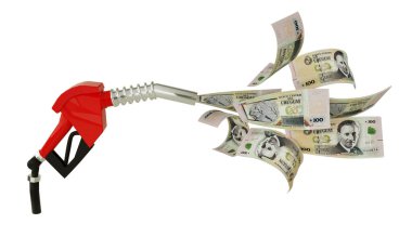 Yakıt pompasından çıkan 100 Uruguaylı Peso Uruguayo notunun 3D görüntüsü. Uruguaylı Peso Uruguayo 'nun uçtuğu kırmızı yakıt başlığı.