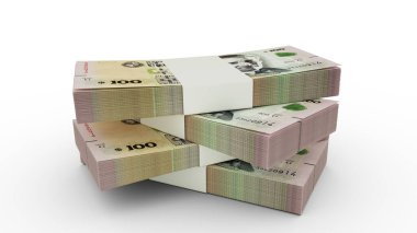 Uruguaylı Peso Uruguayo 'nun 3D kopyası. Beyaz arka planda izole edilmiş az miktarda Uruguay para birimi