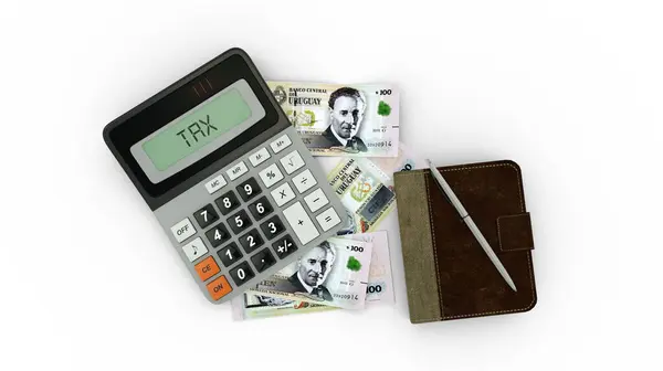 Vykreslení Izolované Skladby 100 Uruguayských Poznámek Peso Uruguayo Kalkulačky Poznámkového — Stock fotografie