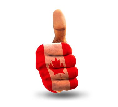 Beyaz arka planda izole edilmiş Kanada bayrağı renklerinde başparmaklar yukarı. Kanada Ulusal Bayrağı