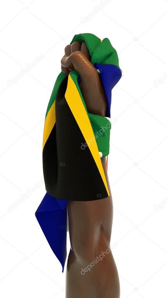 Hand fist holding South African flag. Hand lifted and grabbing flag isolated on white background. 3d rending of Flag wrapped around fist