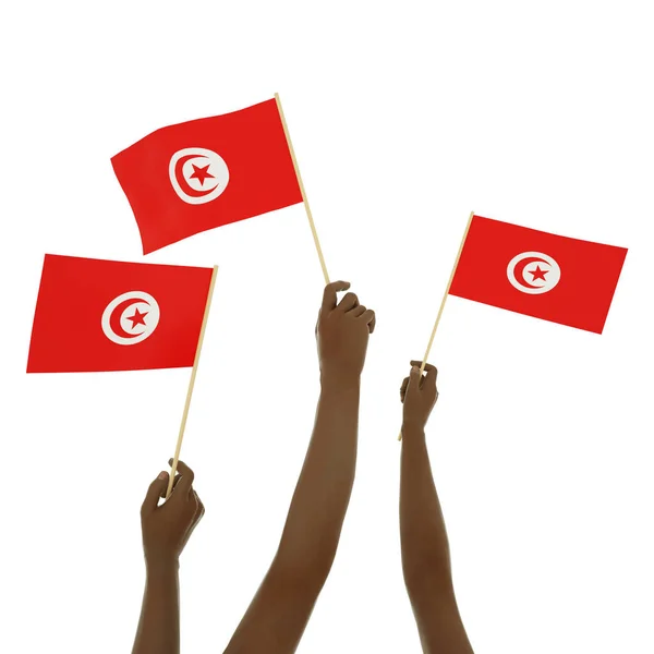 Schwarze Hand Hält Tunesische Flagge Hand Hebt Flagge Hand Hebt — Stockfoto