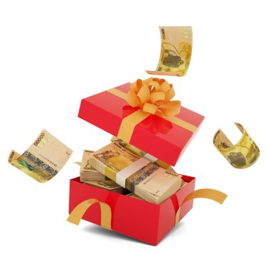 Ugandalı şilin banknotlar açık kırmızı bir hediye kutusunda. Ugandalı şilin içinde ve hediye kutusunun etrafında uçuyor. Kutunun içindeki paranın 3d görüntülenmesi beyaz arkaplan üzerinde izole edildi