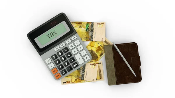 Vykreslení Izolované Skladby Ugandských Šilinkových Bankovek Kalkulačky Poznámkového Bloku Pera — Stock fotografie