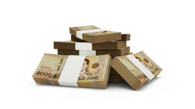 1000 Tayland baht banknotunun 3D kopyası. mavi arkaplanda izole edilmiş Tayland para birimi desteleri