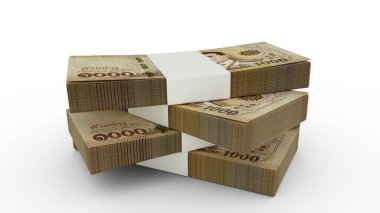 1000 Tayland baht banknotunun 3D kopyası. Tayland para biriminden birkaç deste beyaz arkaplanda izole