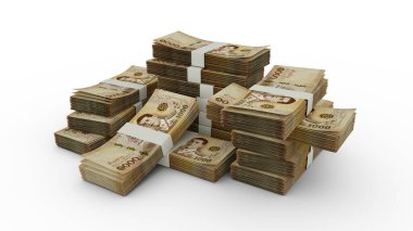 Bir yığın 1000 Tay baht banknot. Banknotların 3B görüntülenmesi