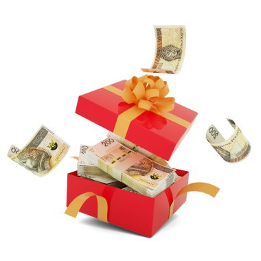 Açık kırmızı bir hediye kutusunda 200 Polonyalı zloti banknotu. Zloty içeride ve hediye kutusunun etrafında uçuyor. Kutunun içindeki paranın 3d görüntülenmesi beyaz arkaplan üzerinde izole edildi