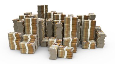 200 Polonyalı zloti banknot yığını. Beyaz arka planda bir sürü para izole edilmiş. 3 boyutlu nakit demetleri oluşturma