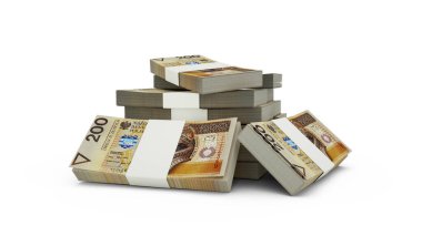 200 Polonyalı zloti banknotunun 3D kopyası. Beyaz arkaplana izole edilmiş Polonya para birimi notları
