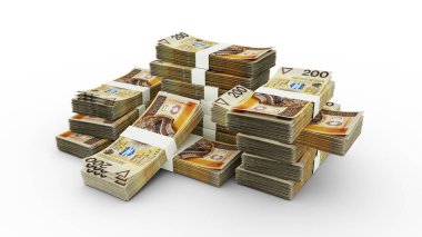 200 Polonyalı zloti banknot yığını. Banknotların 3B görüntülenmesi