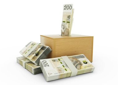 Açık ahşap bir tasarruf kutusunun içindeki Polonya zloti notaları. Tasarruf konsepti. Generic Piggy Bank, Penny Bank, Para Kutusu. 3d oluşturma