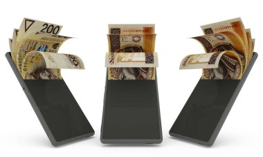 200 Polonyalı zloti bir cep telefonunun içinde. Para cep telefonundan geliyor. Mobil para aktarım konseptinin 3D yorumlanması. Telefondan para