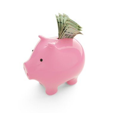 100.000 Paraguay guarani senedi Pembe Piggy Bank 'ın içinde, kumbarada para, tasarruf konsepti, 3D görüntüleme
