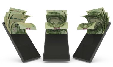 Bir cep telefonunun içine 100.000 Paraguaylı guarani notu. Para cep telefonundan geliyor. Mobil para aktarım konseptinin 3D yorumlanması. Telefondan para