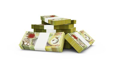 Papua Yeni Gine kina notlarının 3D kopyası. Beyaz arkaplanda izole edilmiş Papua Yeni Gine para birimi notları