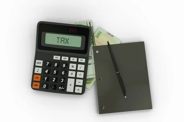 100000パラグアイの保証書 計算機 ノートブック 暗い背景に隔離されたペンの構成の3Dレンダリング 税背景デザインコンセプト — ストック写真