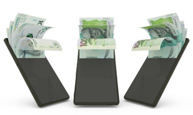 Kolombiya pezosu bir cep telefonunun içinde. Para cep telefonundan geliyor. Mobil para aktarım konseptinin 3D yorumlanması. Telefondan para