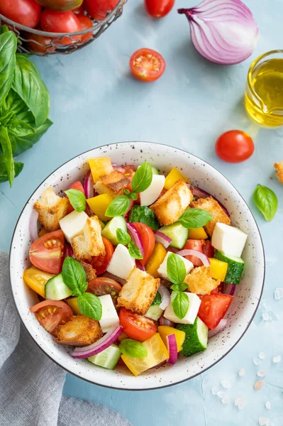 Panzanella Salade Italiaans Brood Verse Groenten Salade Kopieerruimte — Stockfoto