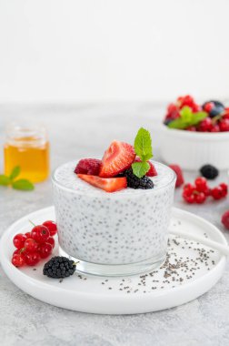 Taze böğürtlenli vanilyalı puding ve gri beton arka planda bir bardakta bal. Superfood konsepti. Boşluğu kopyala