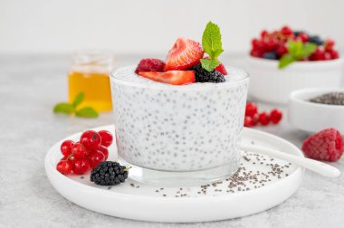 Taze böğürtlenli vanilyalı puding ve gri beton arka planda bir bardakta bal. Superfood konsepti. Boşluğu kopyala