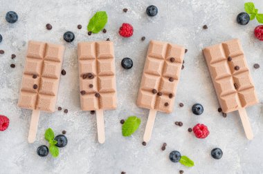 Gri arka planda taze ahududu ve yaban mersinli ev yapımı çikolatalı dondurma. Boşluğu kopyala