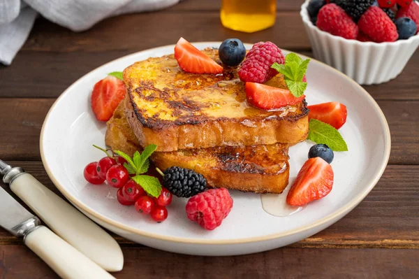 Stack French Toast Plate Fresh Berries Almond Petals Honey Dark — Stock Photo, Image