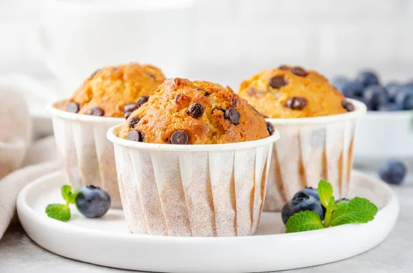 Muffin Con Gocce Cioccolato Piatto Bianco Con Tazza Caffè Mirtilli — Foto Stock