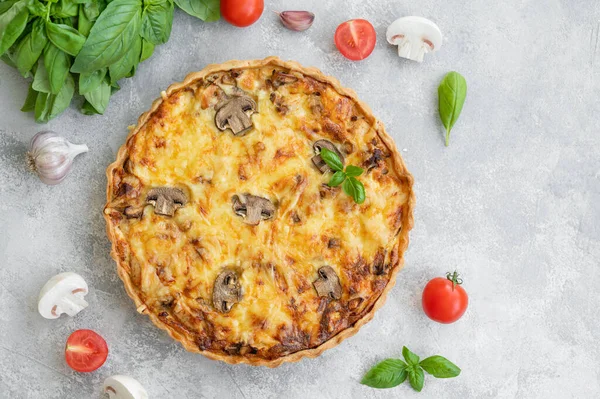 Mantarlı kiş ve gri beton arka planda kremalı tavuk. Boşluğu kopyala