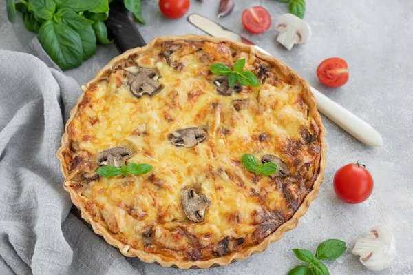 Mantarlı kiş ve gri beton arka planda kremalı tavuk. Boşluğu kopyala