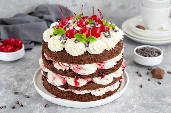 Naked Black forest cake, Schwarzwald pie. Cake with dark chocolate, whipped cream and cherry on a gray concrete background. Copy space