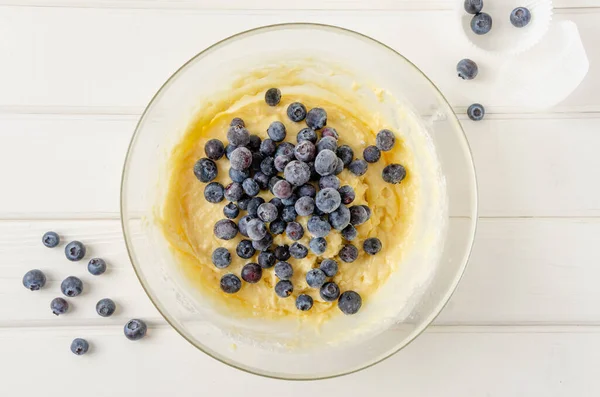 Muffin Dough Lemon Zest Blueberries Bowl White Wooden Background Recipe — Foto de Stock