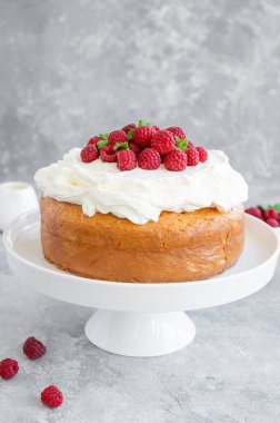 Krem şantili Tres şehvet pastası ve gri beton arka planda taze ahududu. Latin Amerika 'dan geleneksel pasta. Boşluğu kopyala