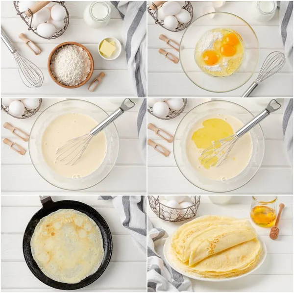 Ingredients Making Traditional Thin Pancakes Crepes White Wooden Background Recipe — Stock Photo, Image