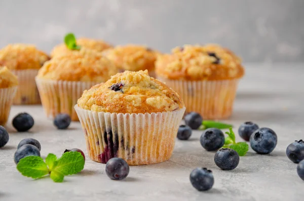 Lemon Muffins Blueberries Shtreisel Fresh Berries Gray Concrete Background Delicious — Foto Stock